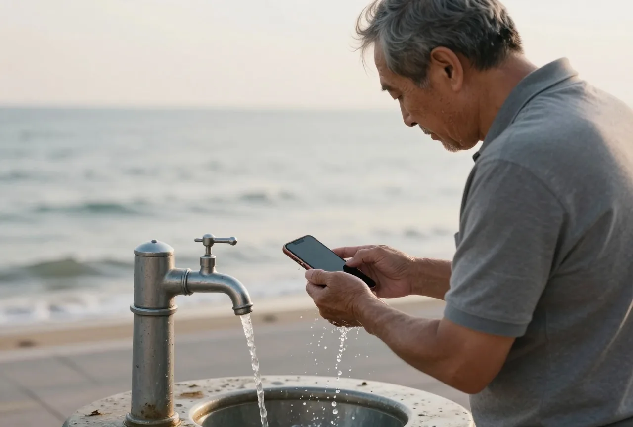 Älterer Mann spült an einer Strandpromenade ein Smartphone unter einem Wasserhahn ab