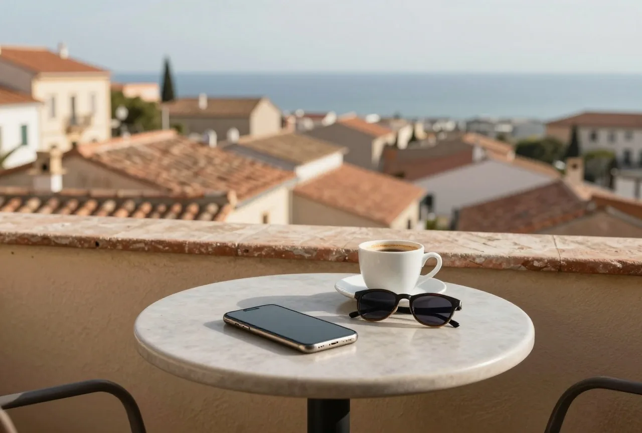 Smartphone liegt mit dem Display nach unten auf einem Balkontisch neben Kaffeetasse und Sonnenbrille, dahinter Dächer einer südlichen Stadt