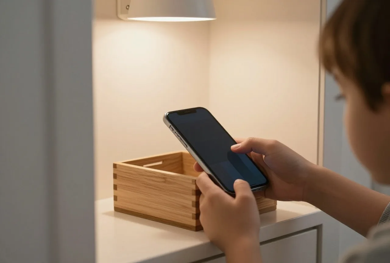Hände eines Erwachsenen und eines jungen Menschen legen abends ein Smartphone mit dunklem Display in eine Holzkiste im Flur
