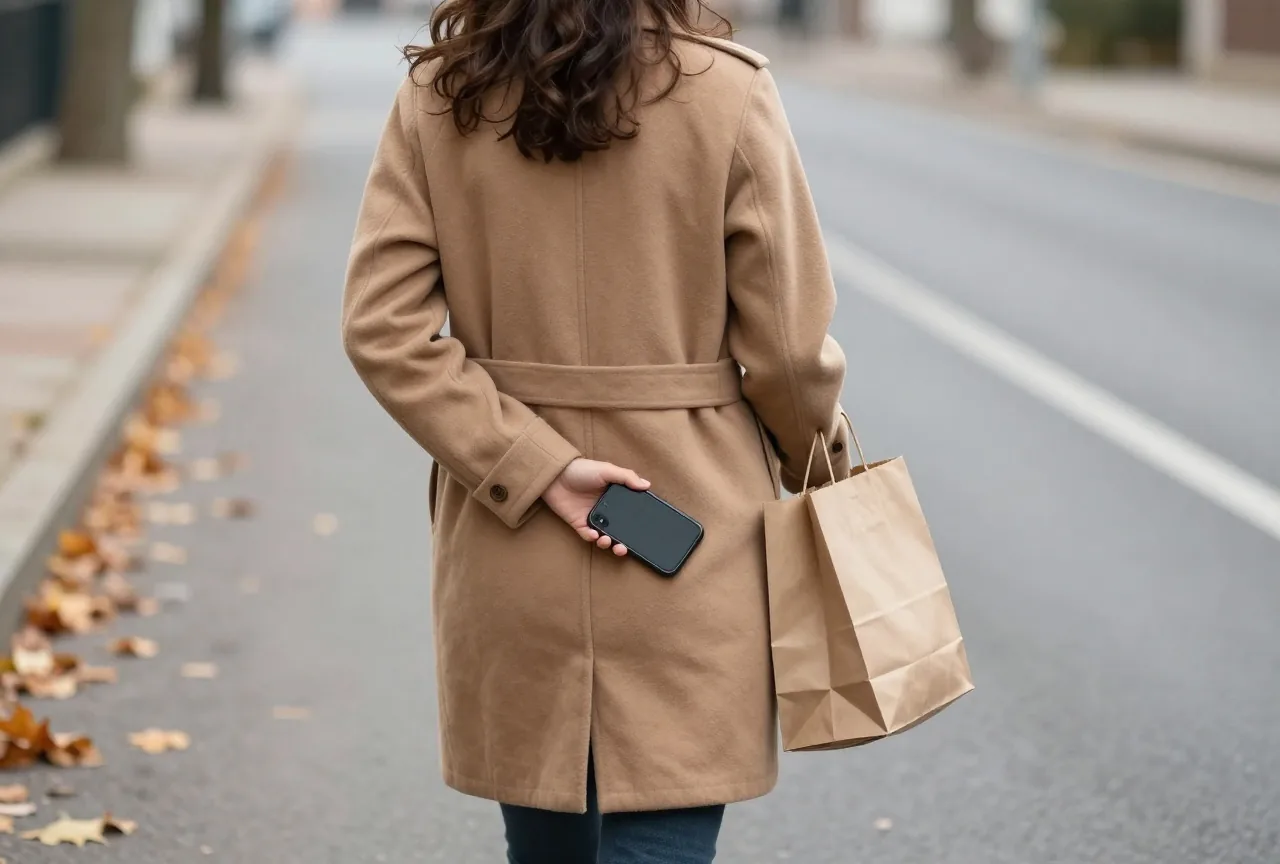 Frau mit Einkaufstüte auf einer herbstlichen Straße steckt ihr Smartphone in die Manteltasche, von hinten gesehen