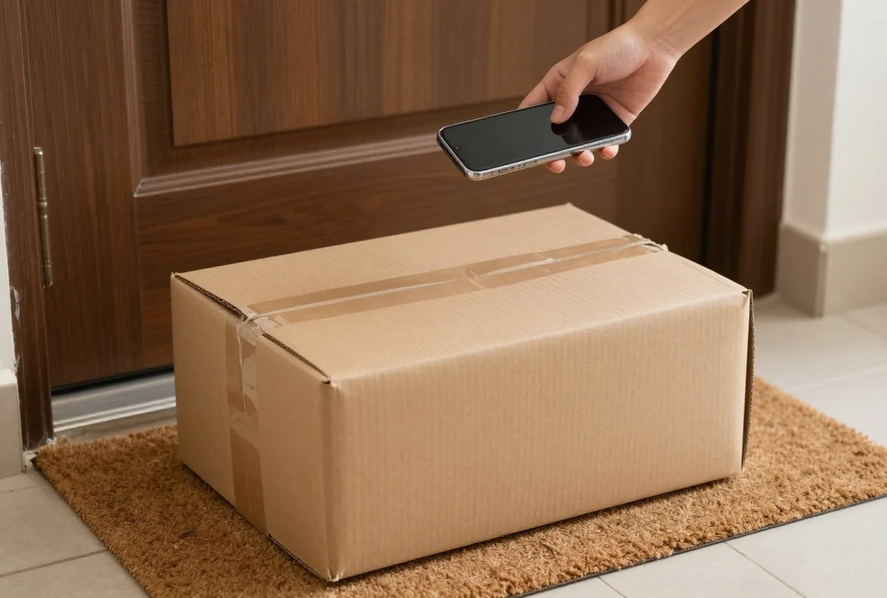 Unbeschrifteter Paketkarton auf einer Fußmatte vor einer Wohnungstür, darüber eine Hand mit Smartphone