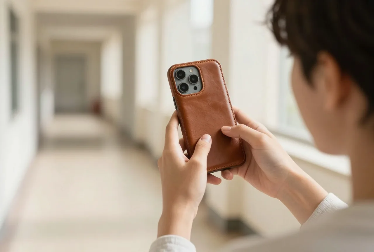 Mutter reicht im hellen Flur einem Jugendlichen, der von hinten zu sehen ist, ein gebrauchtes Smartphone in Lederhülle