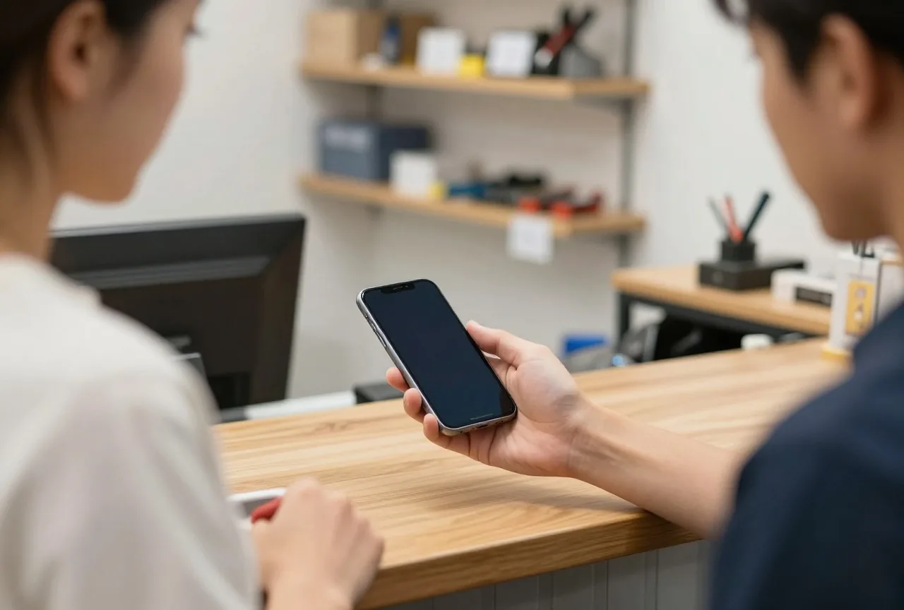 Frau reicht in einer kleinen Reparaturwerkstatt ein Smartphone mit dunklem Display über den Tresen