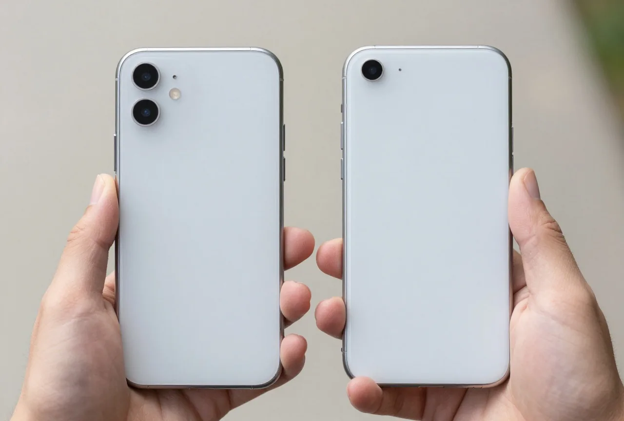 Zwei Hände halten zwei Smartphones nebeneinander, eines mit leichten Kratzern, eines makellos