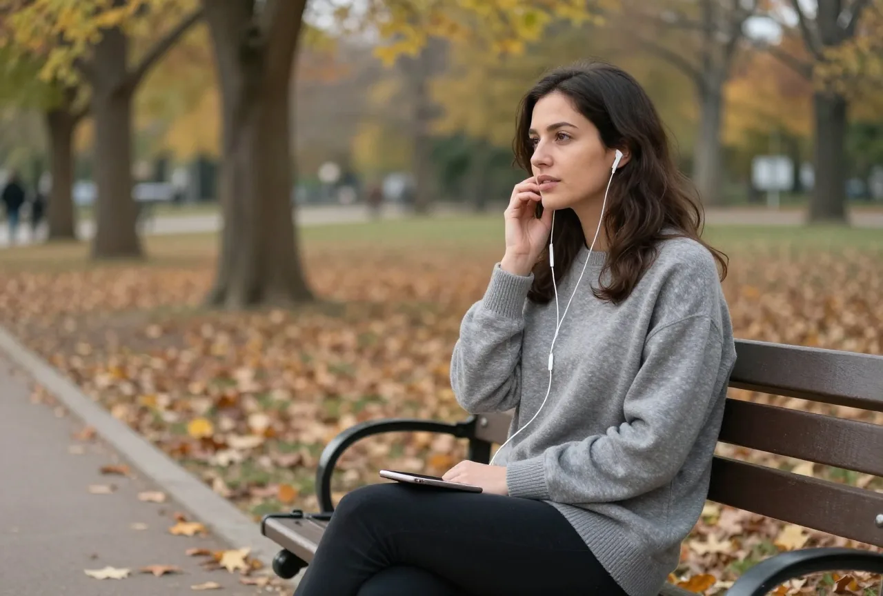 Frau sitzt auf einer Parkbank und telefoniert mit kabelgebundenen Ohrhörern, ihr Smartphone liegt mit dem Display nach unten neben ihr