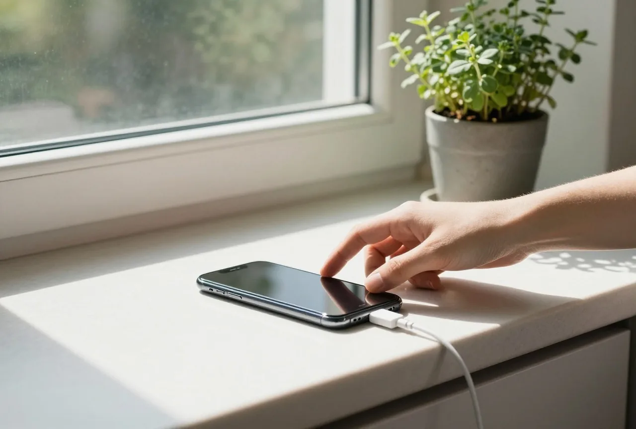 Hand greift nach einem Smartphone, das mit Ladekabel in der prallen Sonne auf einer Küchenfensterbank liegt