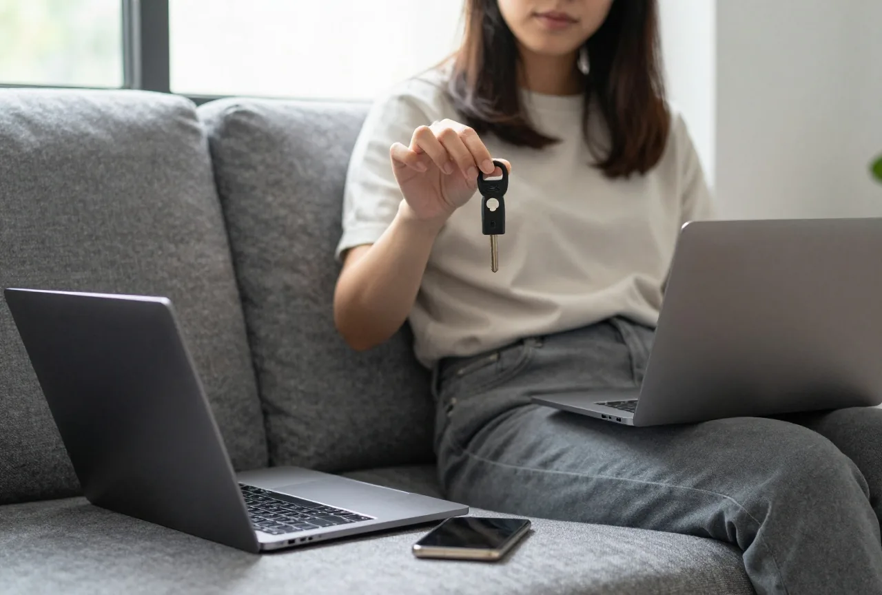 Junge Frau sitzt auf einem Sofa und hält einen kleinen Sicherheitsschlüssel, daneben ein zugeklappter Laptop und ein Smartphone