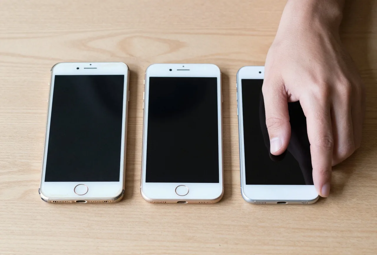 Drei unterschiedlich alte Smartphones liegen mit der Rückseite nach oben auf einem Eichentisch, daneben eine Hand