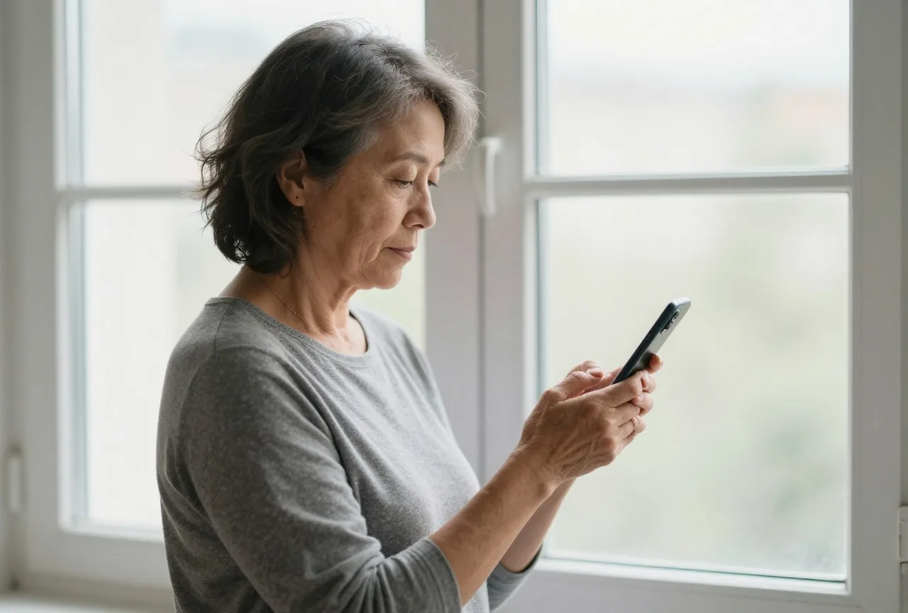 Ältere Frau entsperrt am Fenster ein Smartphone mit dem Daumen, das Display ist von der Kamera abgewandt