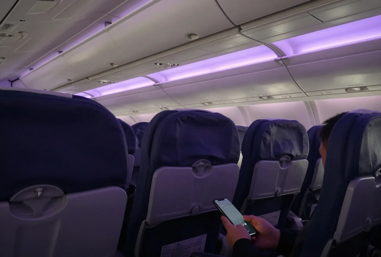 Abgedunkelte Flugzeugkabine bei einem Nachtflug mit violettem Licht, eine Hand hält ein Smartphone mit dunklem Bildschirm