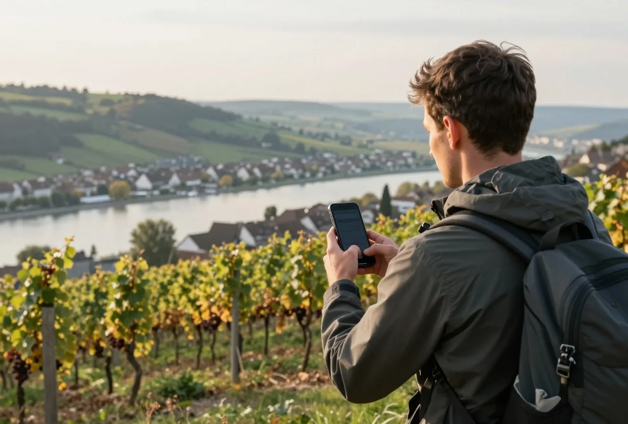 Wanderer steht von hinten gesehen auf einem Weinbergweg über dem Rheintal bei Basel und hält ein Smartphone
