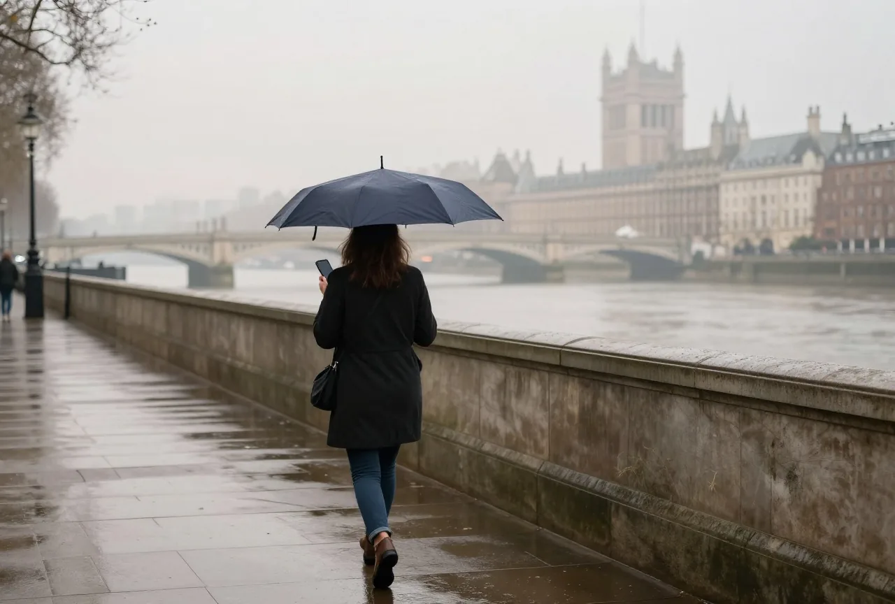 Frau mit Regenschirm geht von hinten gesehen am Ufer der Themse entlang, in der Hand ein Smartphone