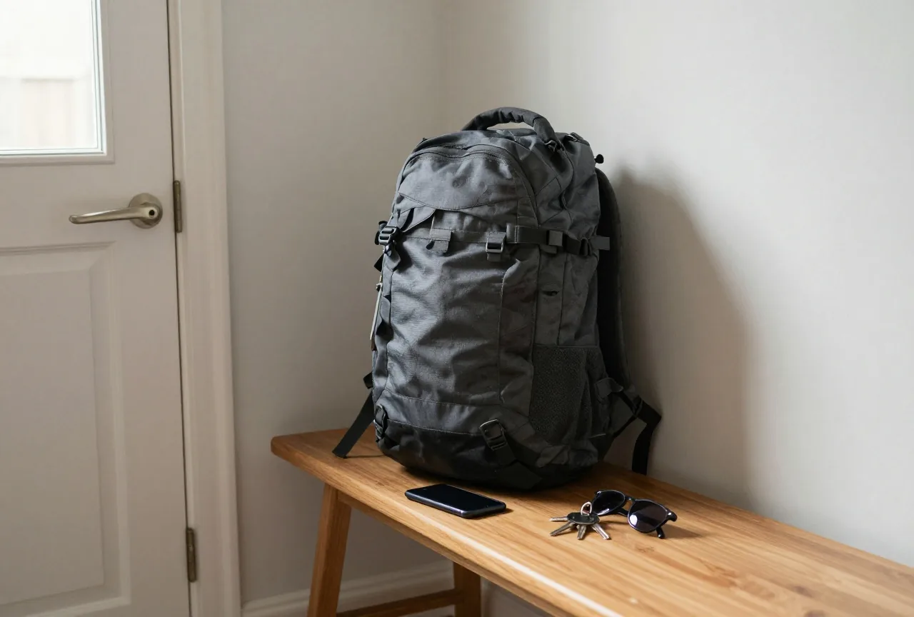 Gepackter Rucksack und ein Smartphone mit der Rückseite nach oben auf einer Holzbank im Flur neben der Haustür