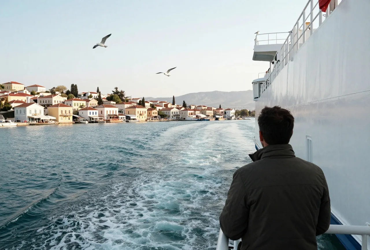 Mann steht von hinten gesehen am Heck einer Autofähre und blickt auf einen griechischen Hafen, der langsam kleiner wird