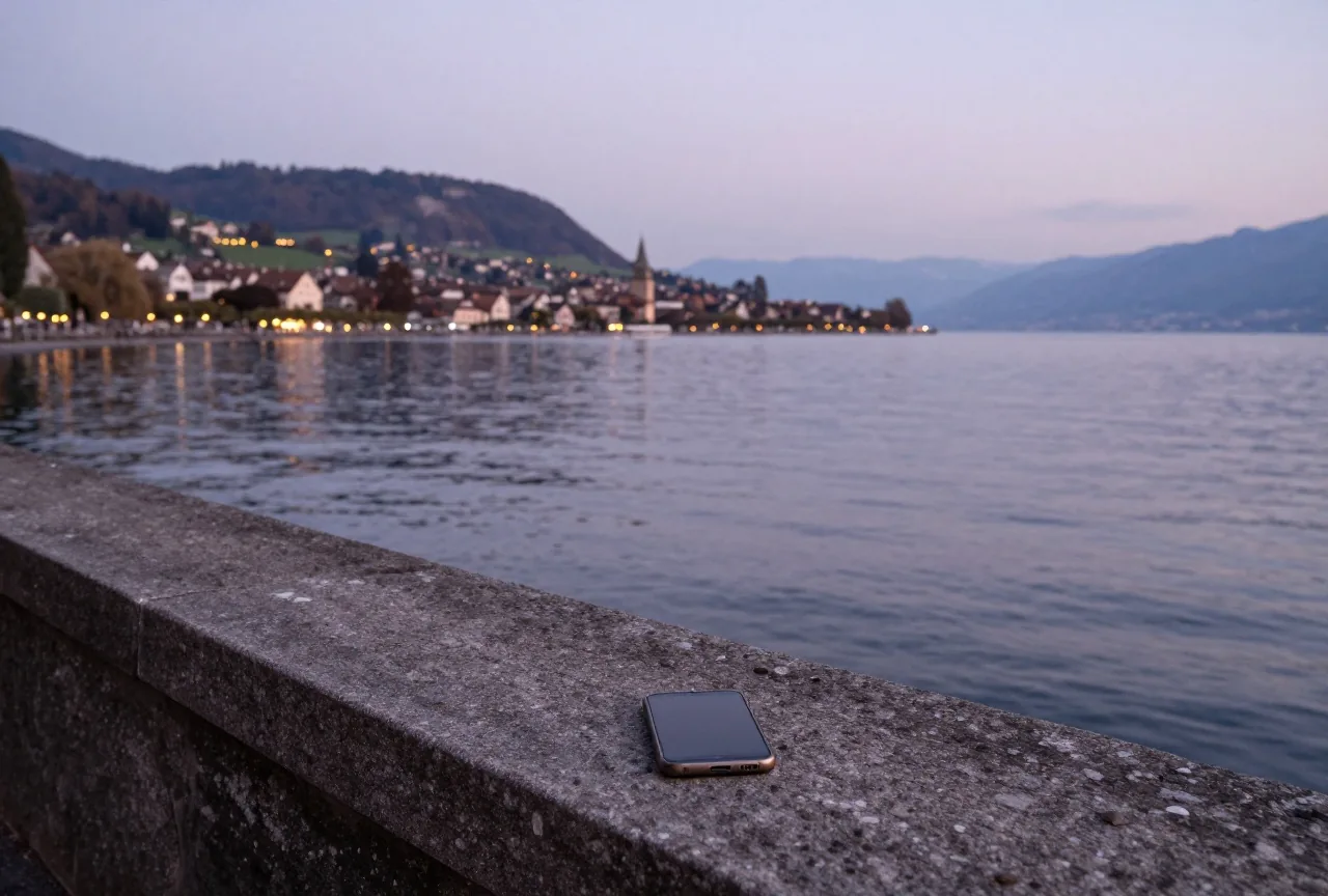 Abendlicher Blick über den Bodensee zum Schweizer Ufer, im Vordergrund liegt ein Smartphone auf einer Mauer