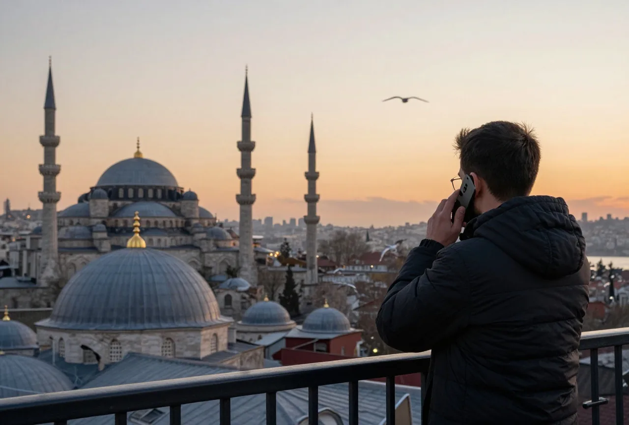 Reisender telefoniert auf einer Dachterrasse in Istanbul, im Abendlicht Kuppeln und Minarette am Bosporus