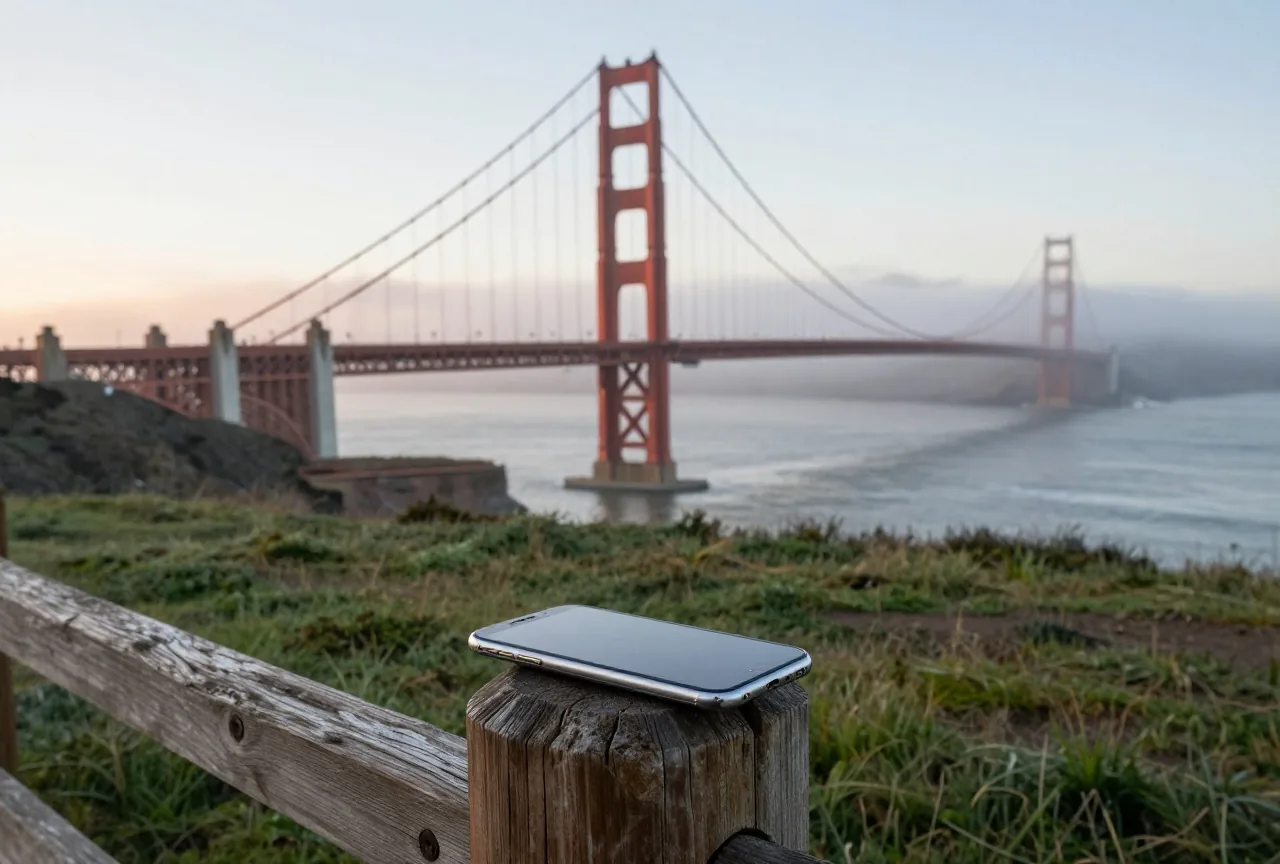 Golden Gate Bridge im Morgennebel, im Vordergrund liegt ein Smartphone mit der Rückseite nach oben auf einem Holzpfosten