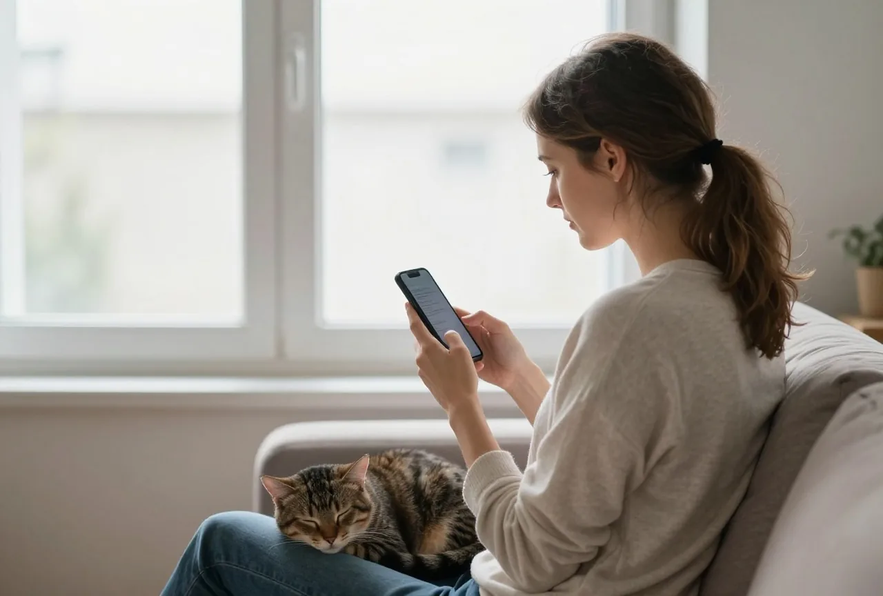 Frau sitzt von hinten gesehen auf einem Sofa am Fenster und hält ein Smartphone, neben ihr schläft eine Katze
