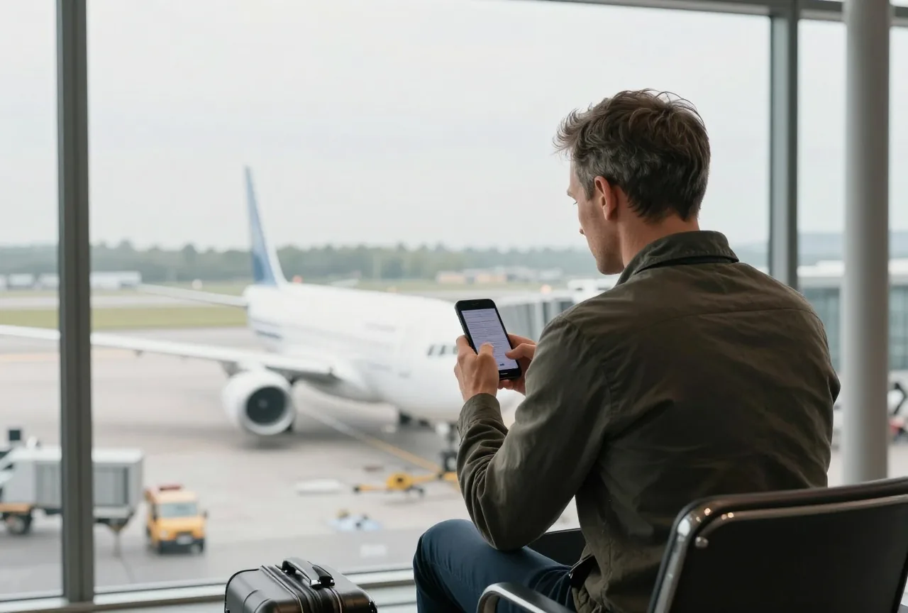 Mann von hinten in einer Flughafen-Ankunftshalle hält ein Smartphone, daneben ein kleiner Koffer, draußen Flugzeuge