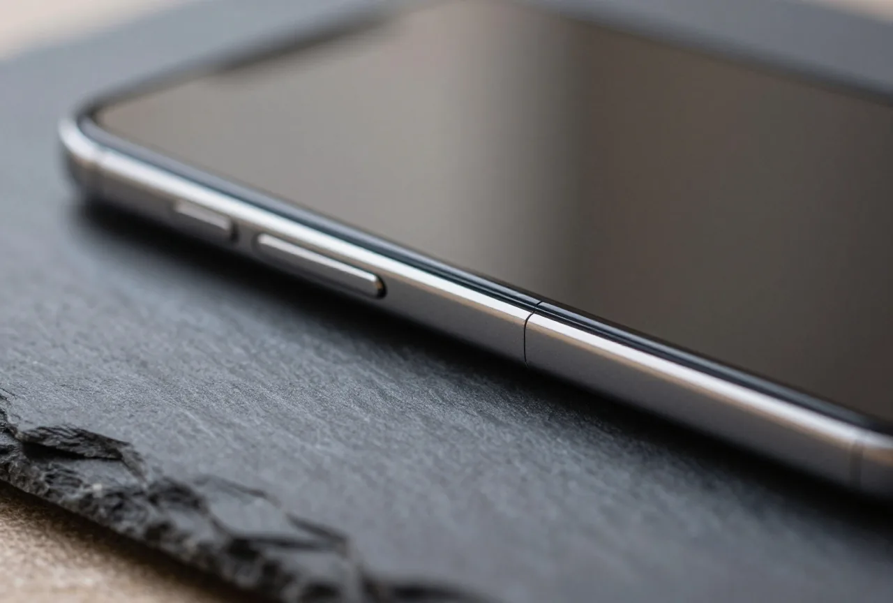 Nahaufnahme des metallenen Scharniers eines halb aufgeklappten Smartphones auf dunklem Schiefer