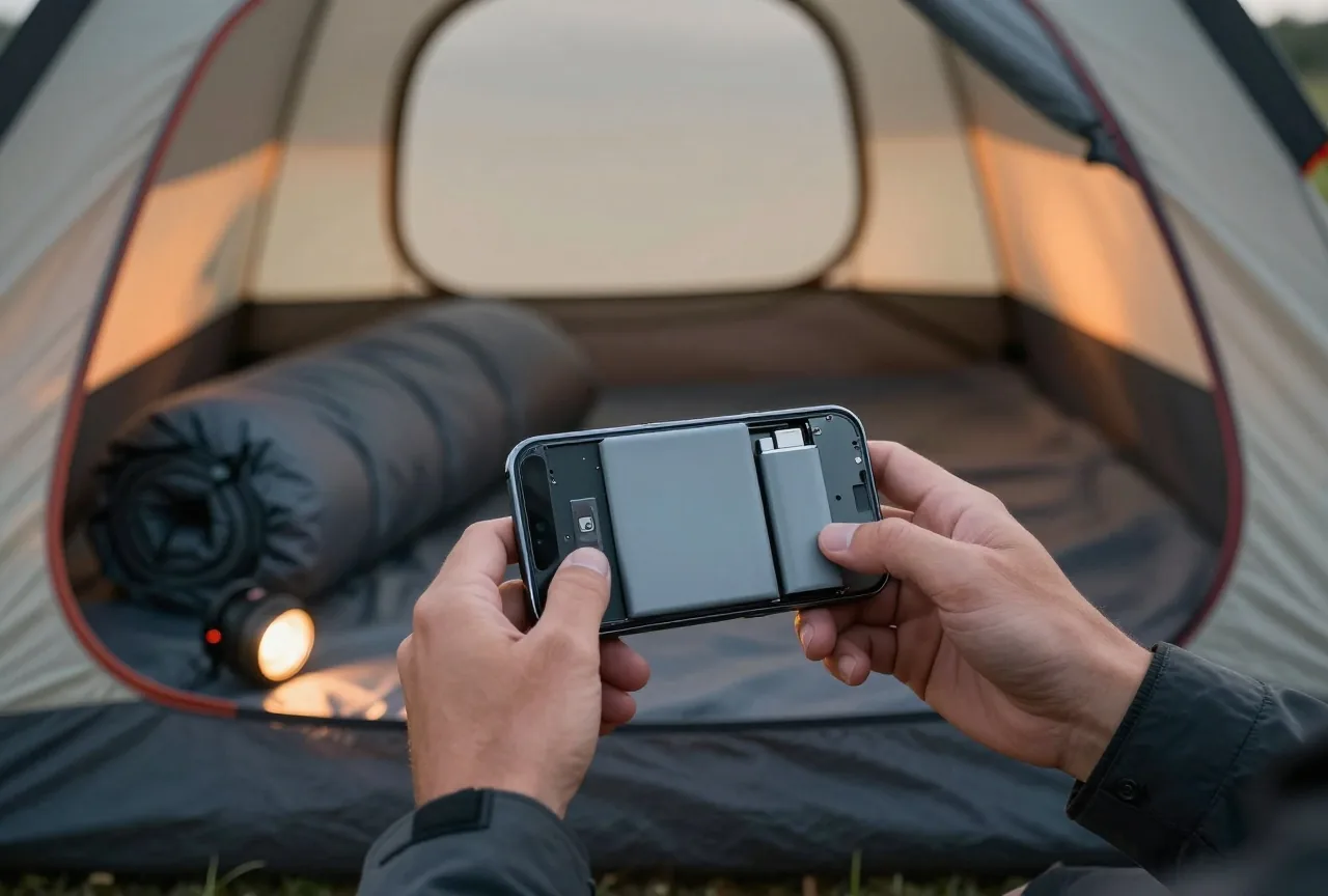 Hände setzen im Morgenlicht in einem Zelt einen frischen Akku in ein Smartphone ein, daneben Schlafsack und Stirnlampe