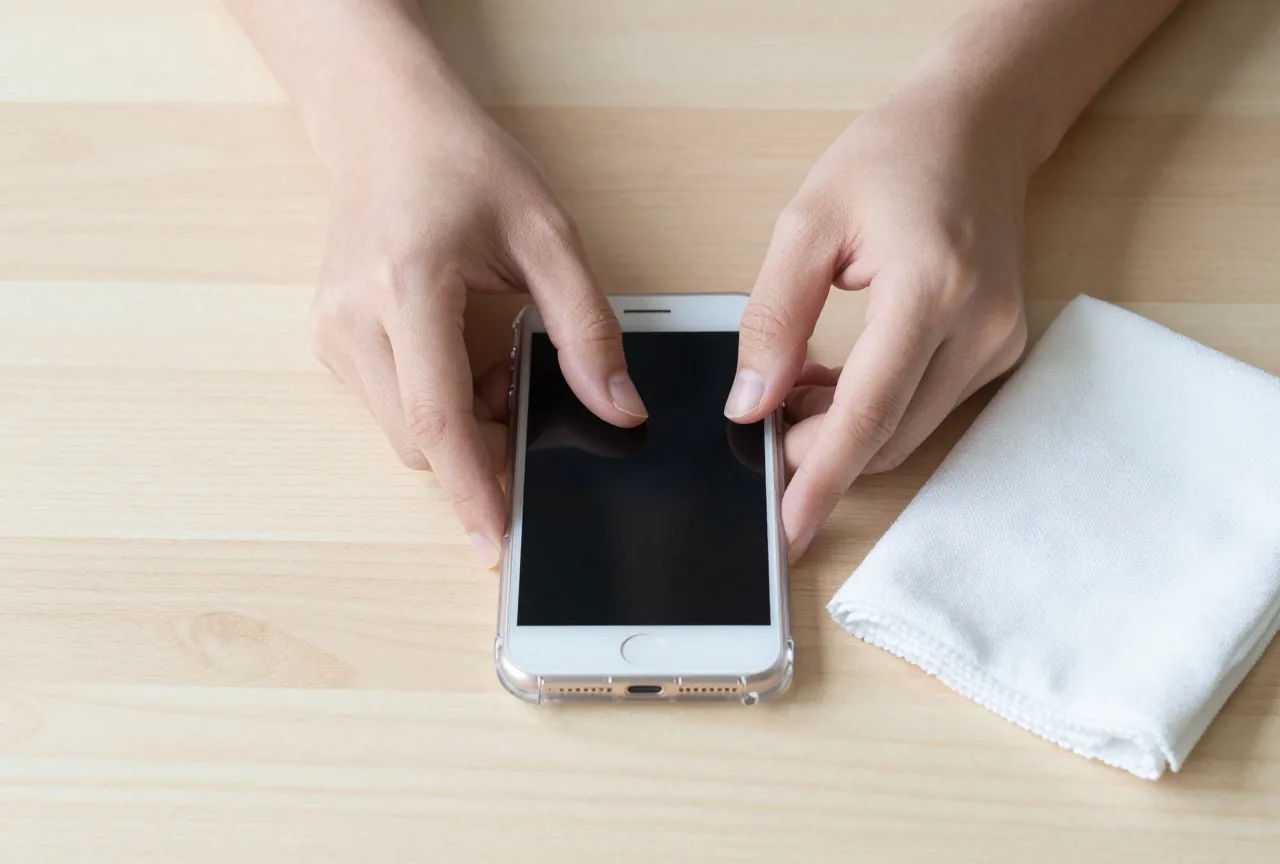 Erwachsene Hände ziehen eine robuste Schutzhülle auf ein kleines Smartphone, das mit dem Display nach unten auf einem Holztisch liegt