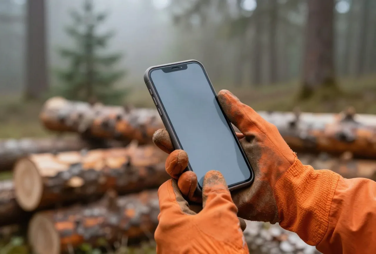 Hände in orangefarbenen Arbeitshandschuhen halten im Wald ein robustes Smartphone, dahinter gestapelte Baumstämme