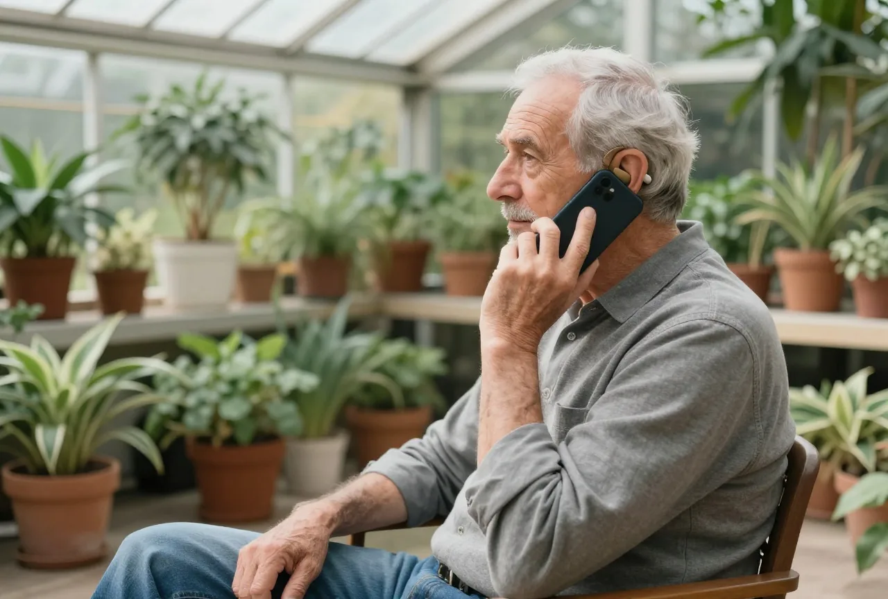 Älterer Mann mit Hinter-dem-Ohr-Hörgerät hält in einem hellen Wintergarten ein Smartphone ans Ohr