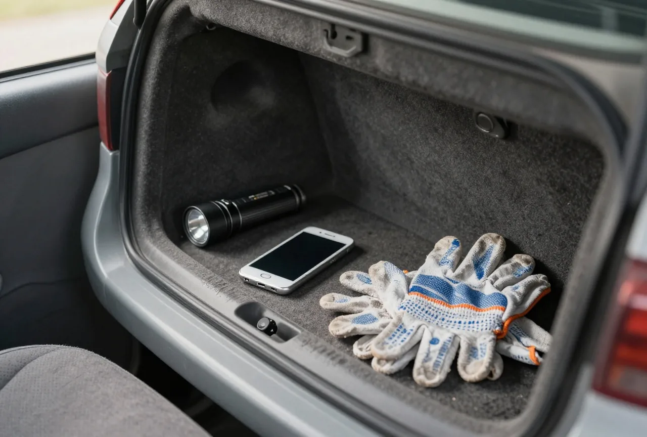 Offenes Handschuhfach eines Autos, darin ein kleines einfaches Handy mit dem Display nach unten neben Taschenlampe und Arbeitshandschuhen