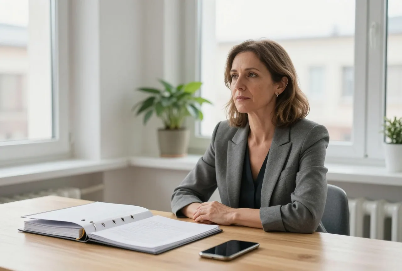 Frau sitzt in einem hellen Büro am Holzschreibtisch, vor ihr ein geschlossener Ordner und ein Smartphone mit dem Display nach unten