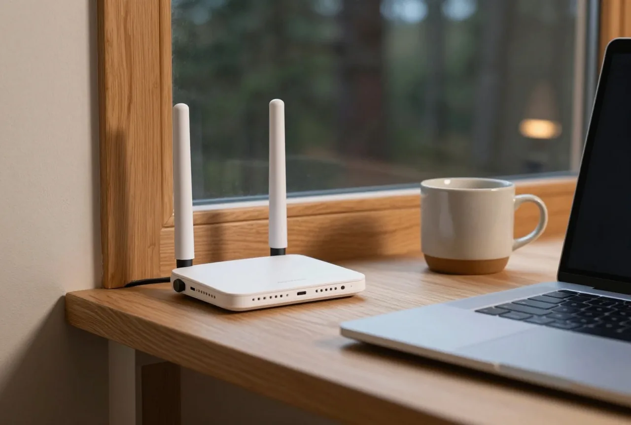Kleiner weißer mobiler Router mit zwei kurzen Antennen auf einem Holzbrett am Fenster einer Ferienhütte, daneben ein Laptop und eine Tasse