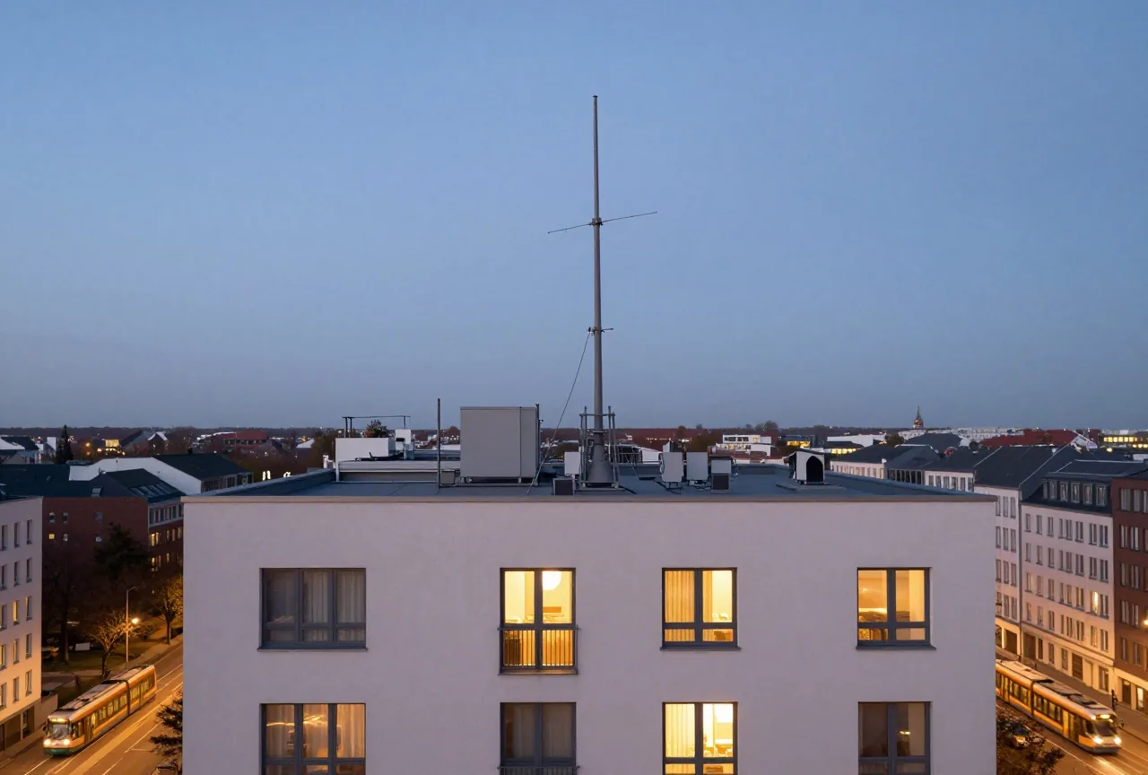 Schlanke graue Mobilfunkantenne auf dem Flachdach eines Wohnhauses zur blauen Stunde, unten fährt eine Straßenbahn