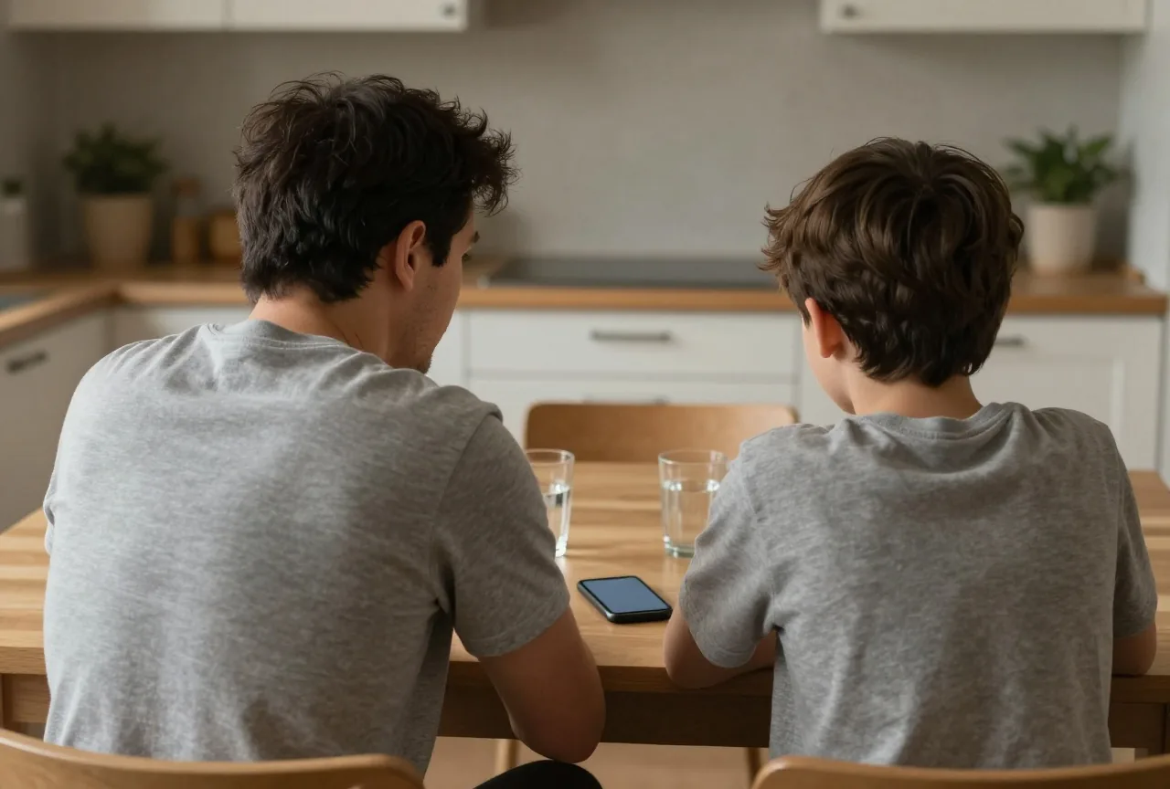 Vater und ein junger Mensch von hinten an einem Küchentisch, zwischen ihnen liegt ein umgedrehtes Smartphone