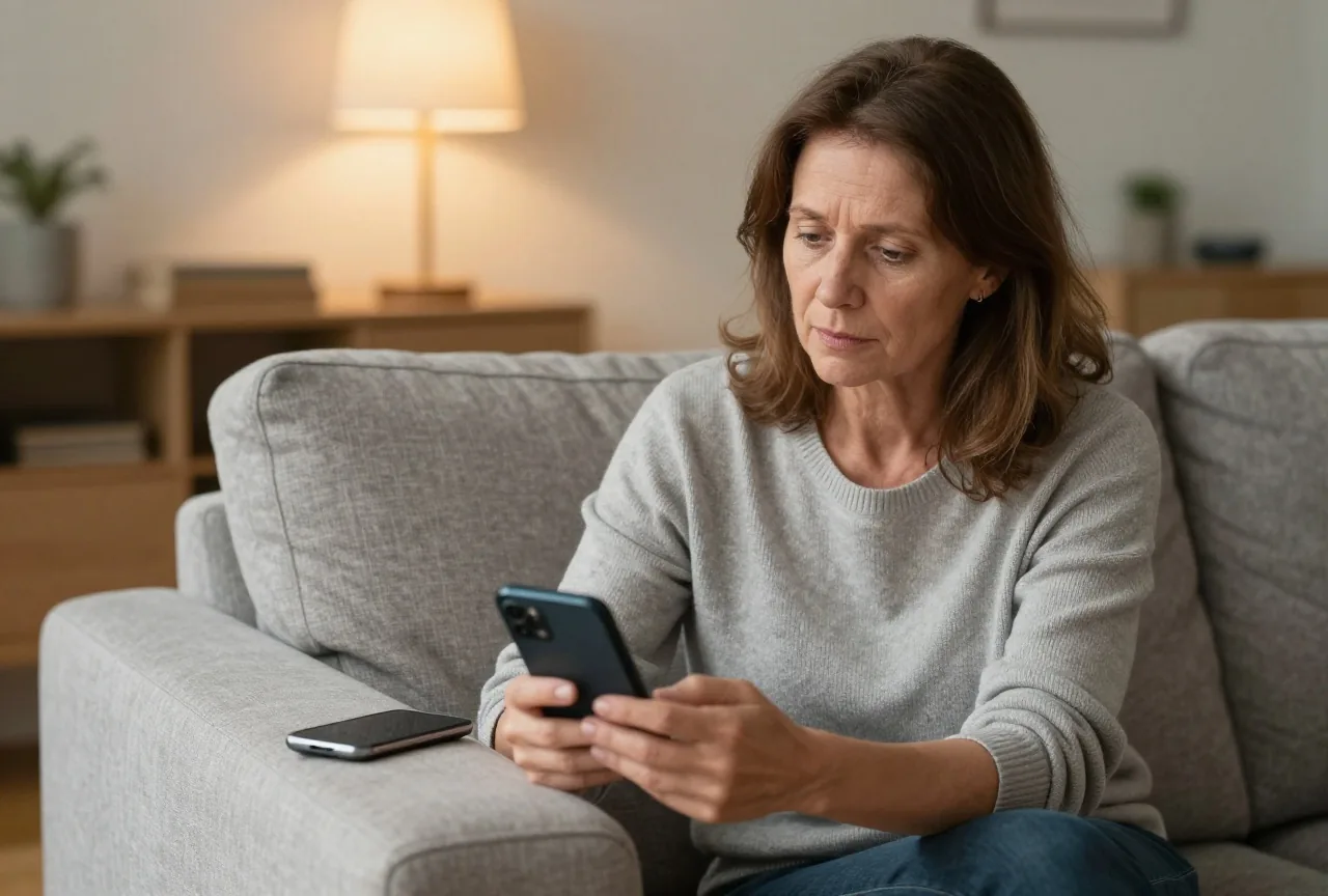 Frau sitzt nachdenklich auf dem Sofa und hält ein Smartphone, auf der Armlehne liegt ein älteres Handy umgedreht