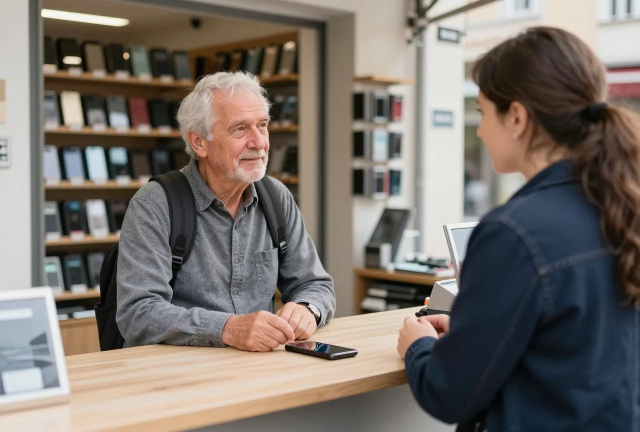 Älterer Mann im Gespräch mit einer Verkäuferin an der Theke eines kleinen Handyladens, ein Smartphone liegt umgedreht auf der Theke
