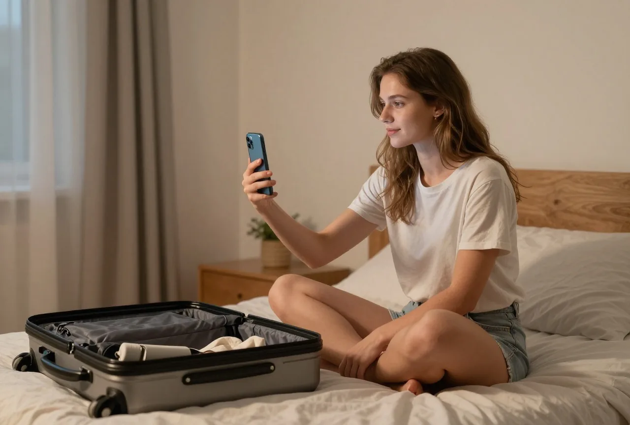 Junge Frau sitzt in einem sonnigen Studentenzimmer im Ausland neben einem offenen Koffer auf dem Bett und führt einen Videoanruf