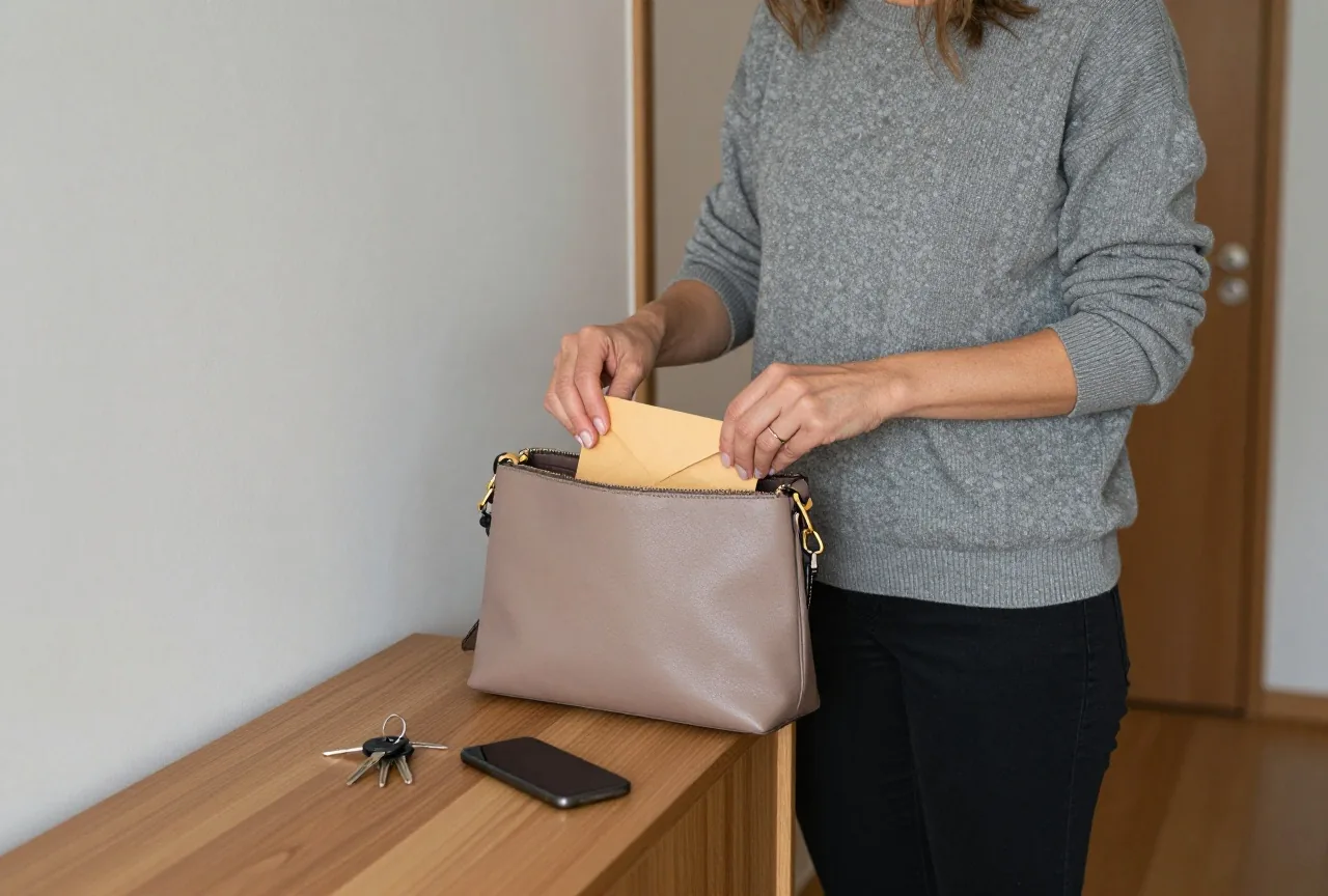 Frau steckt im Flur einen Briefumschlag in ihre Handtasche, auf der Kommode liegen Schlüssel und ein umgedrehtes Smartphone
