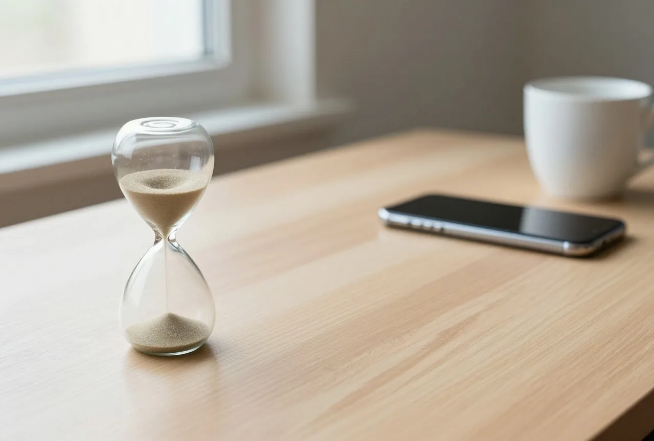 Sanduhr mit rieselndem Sand auf einem Holzschreibtisch, daneben ein Smartphone mit dem Display nach unten und eine Kaffeetasse