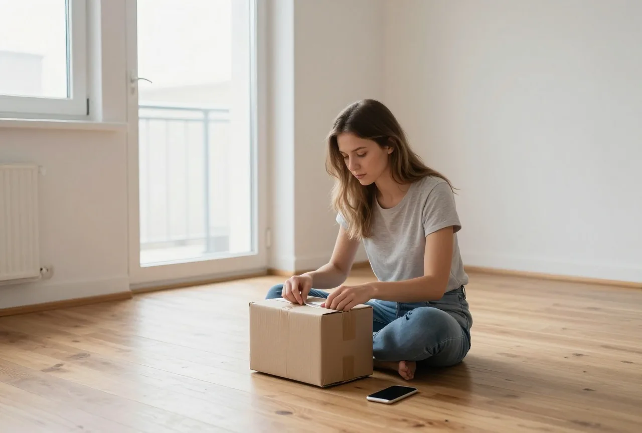 Junge Frau sitzt auf dem Boden einer fast leeren Wohnung und packt ein kleines neutrales Paket aus, daneben ein umgedrehtes Smartphone