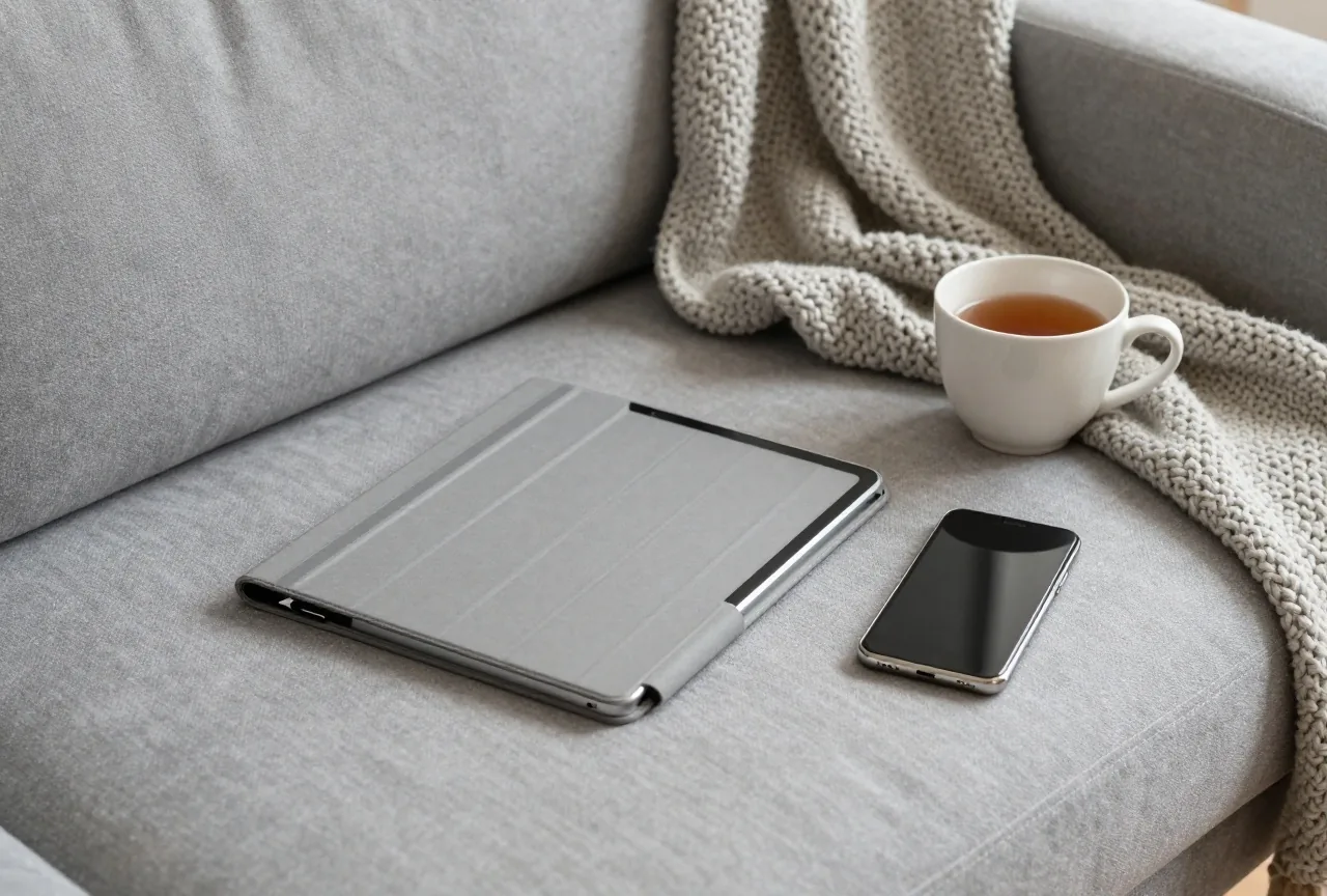 Tablet in geschlossener Hülle und Smartphone mit dem Display nach unten auf einem grauen Sofa, daneben eine Strickdecke und eine Tasse Tee