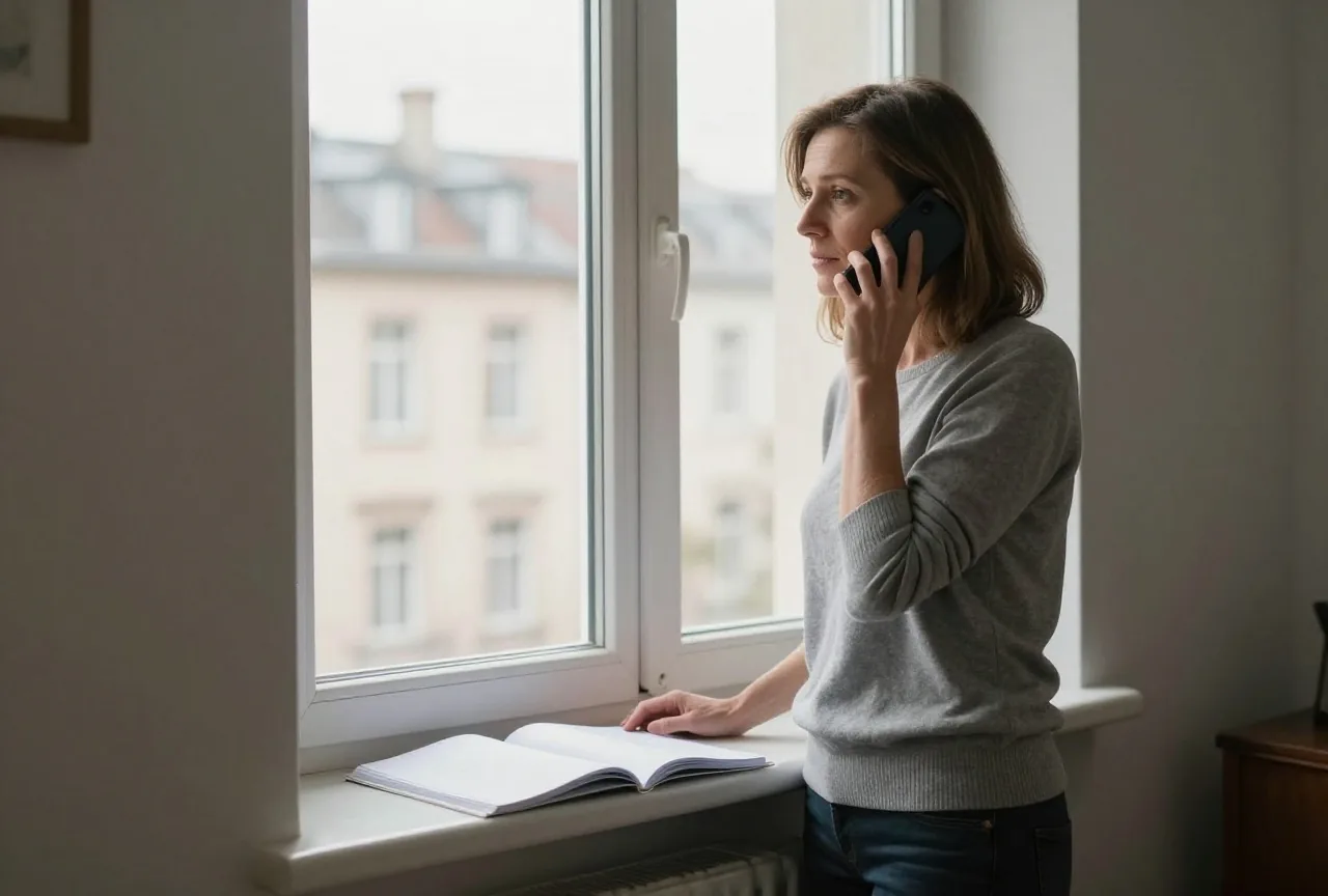 Frau in ihren Fünfzigern steht am Wohnzimmerfenster und telefoniert, auf der Fensterbank liegt eine aufgeschlagene Mappe