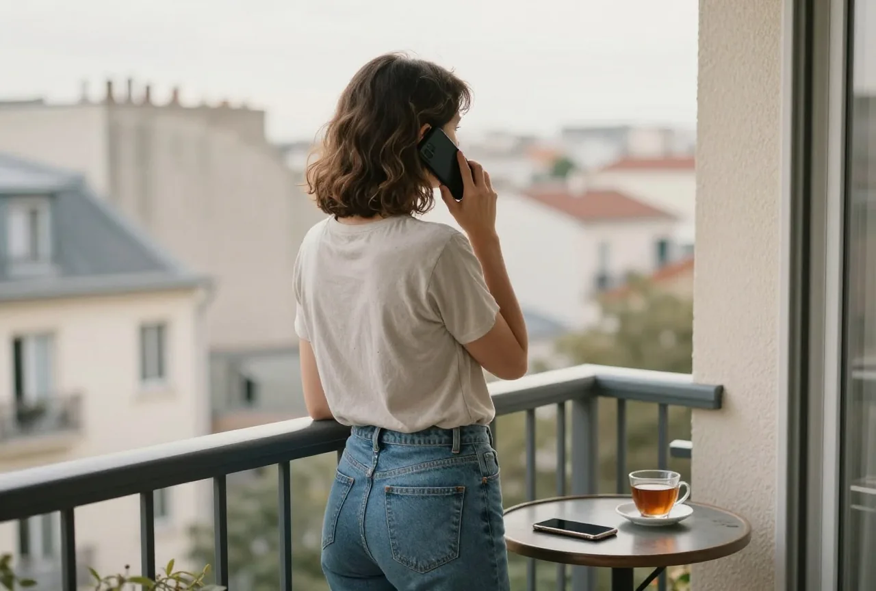 Frau telefoniert von hinten gesehen auf einem Stadtbalkon, auf dem kleinen Tisch liegt ein zweites Smartphone umgedreht neben einer Tasse Tee