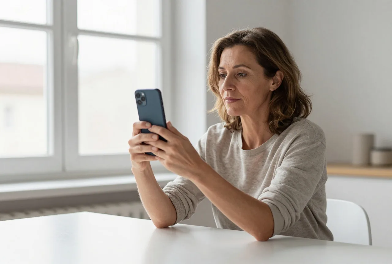 Frau in ihren Vierzigern sitzt an einem hellen Fenstertisch und hält ein Smartphone mit der Rückseite zur Kamera auf Augenhöhe