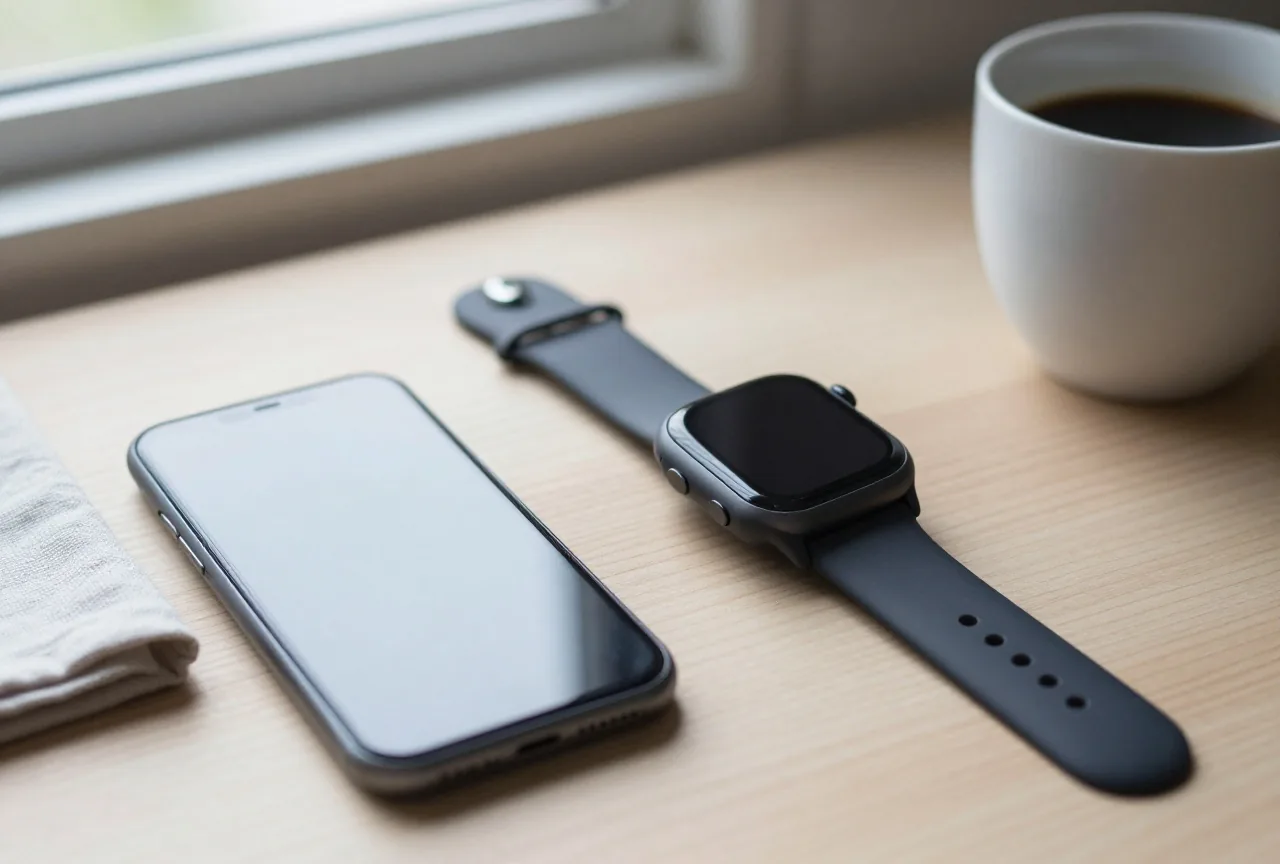 Smartwatch mit dunklem Display neben einem umgedrehten Smartphone auf einem hellen Holztisch