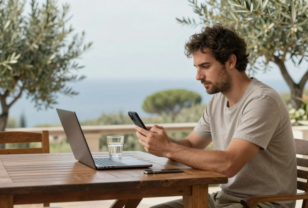 Mann sitzt auf der Terrasse einer Ferienwohnung und hält ein Smartphone mit der Rückseite zur Kamera, dahinter Olivenbäume und Meer