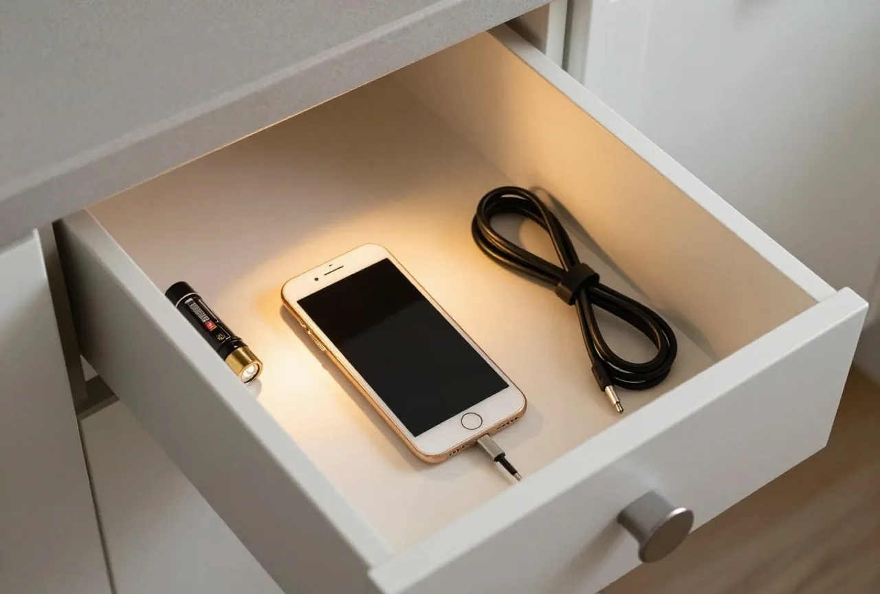Geöffnete Küchenschublade mit einem umgedrehten Handy, einem Ladekabel, einer Taschenlampe und Ersatzbatterien