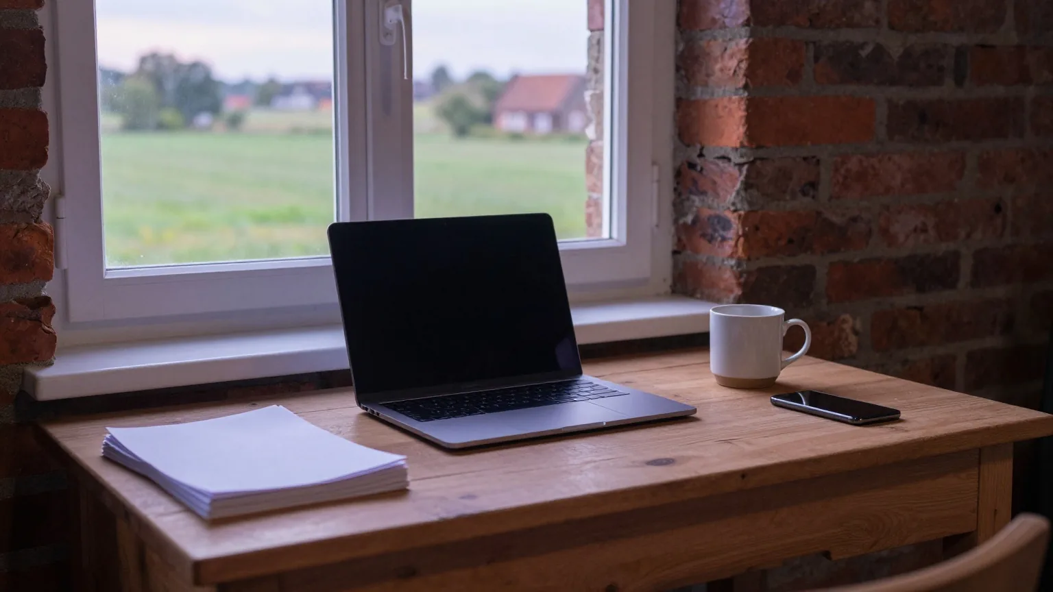 Aufgeräumter Holzschreibtisch am Fenster eines alten Backsteinhauses auf dem Dorf, darauf Laptop, Papierstapel, Tasse und Smartphone
