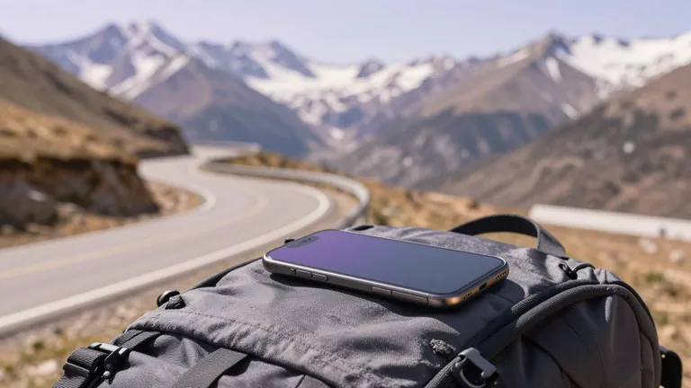 Smartphone auf einem Reiserucksack an einem Alpenpass, im Hintergrund Berge und eine Passstraße