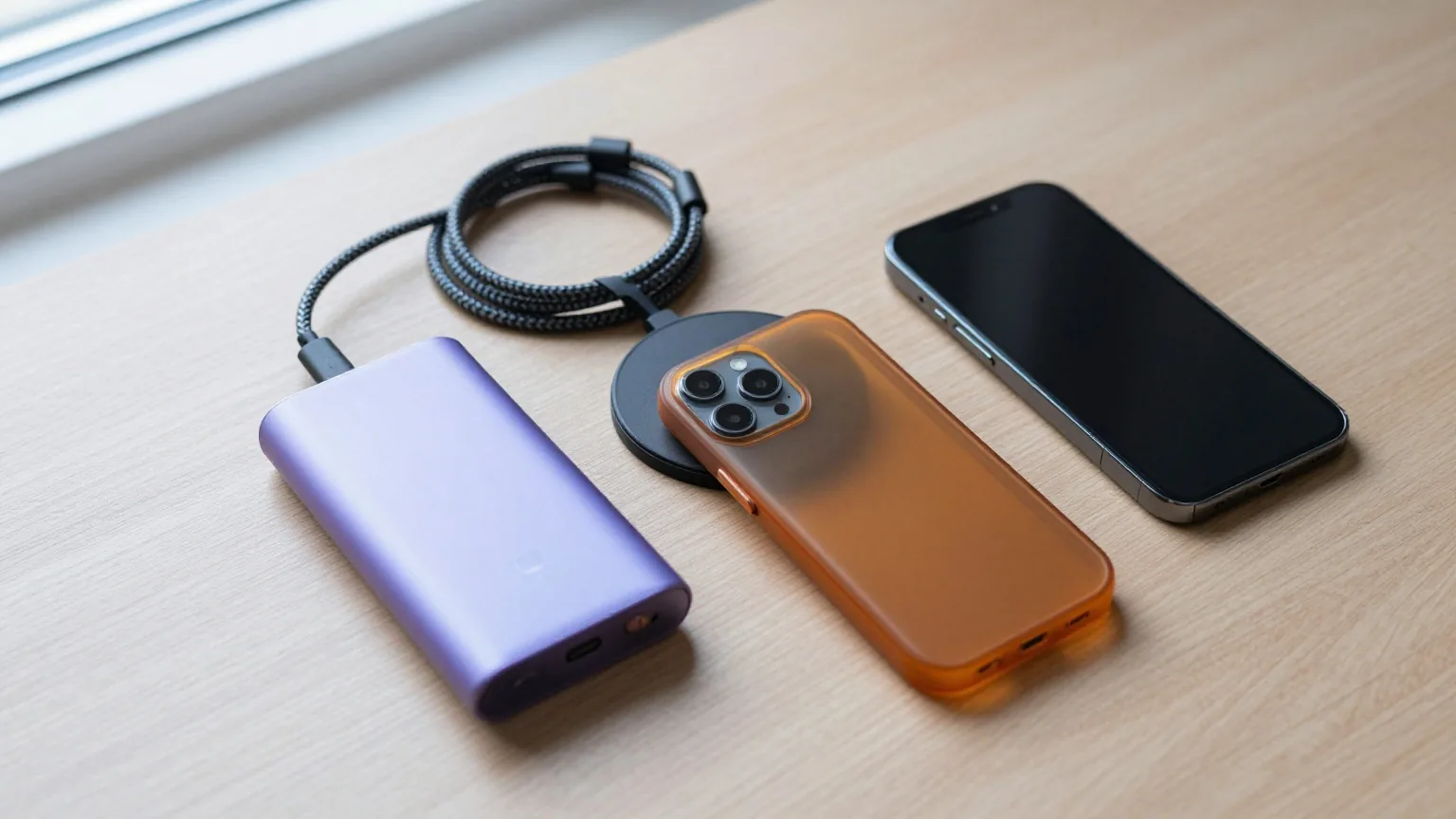 Zubehör von oben auf einem hellen Eichentisch: aufgerolltes Ladekabel, Powerbank, runde Ladeschale und durchsichtige Handyhülle