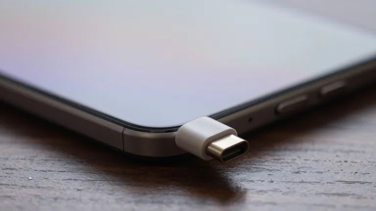 Nahaufnahme eines USB-C-Steckers vor der Ladebuchse eines Smartphones